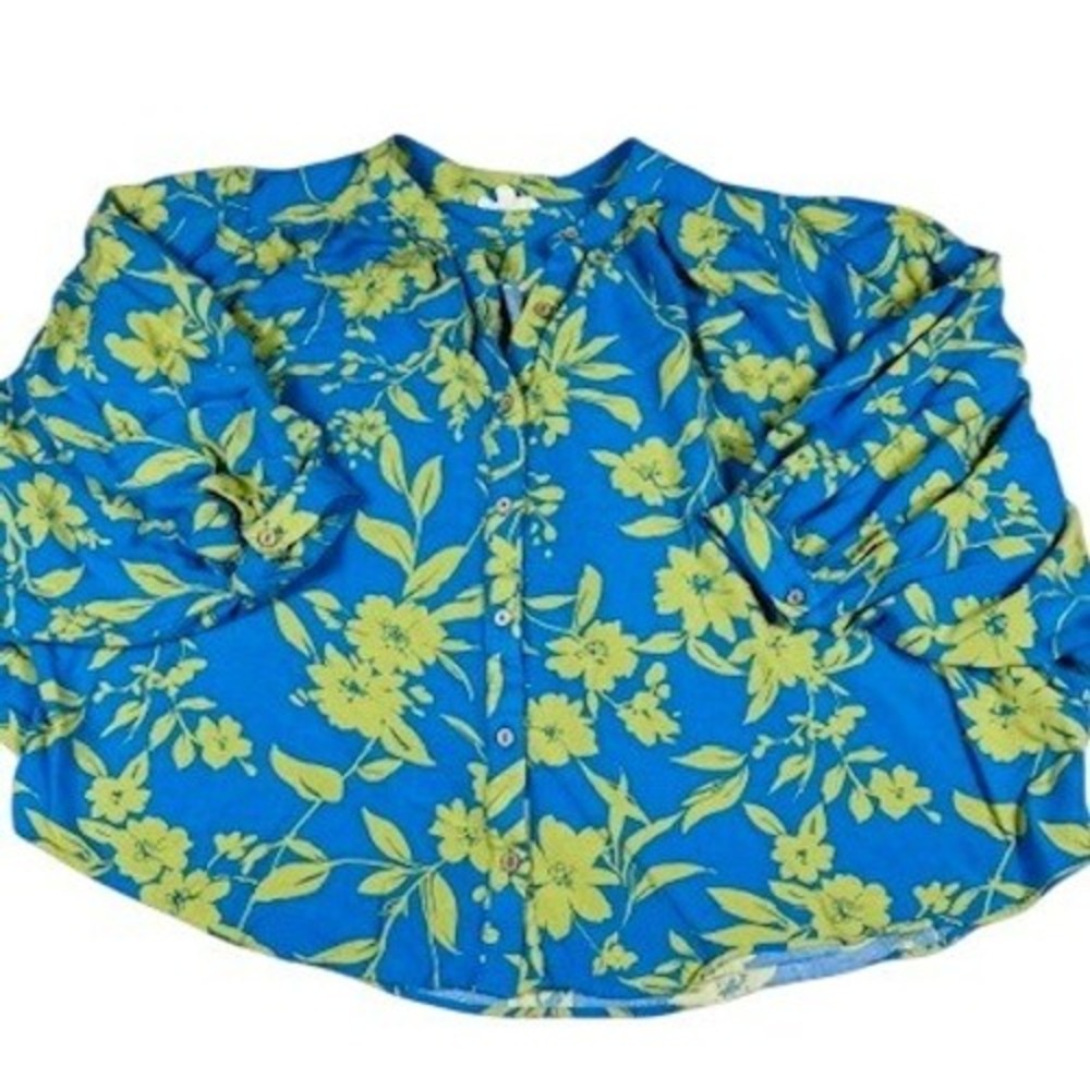 Easel Button Down Top Womens M Blue Lime Floral Dolman Sleeve Oversized Blouse‎